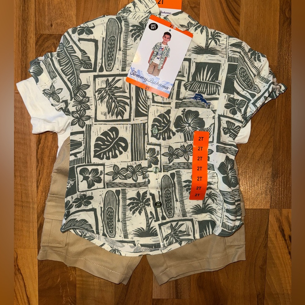 Tommy Bahama kids 3 piece short set Hawaiian casual size 2T‎ khaki NWT